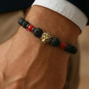 Black and Red Beaded Bracelet with Gold Lion Charm
